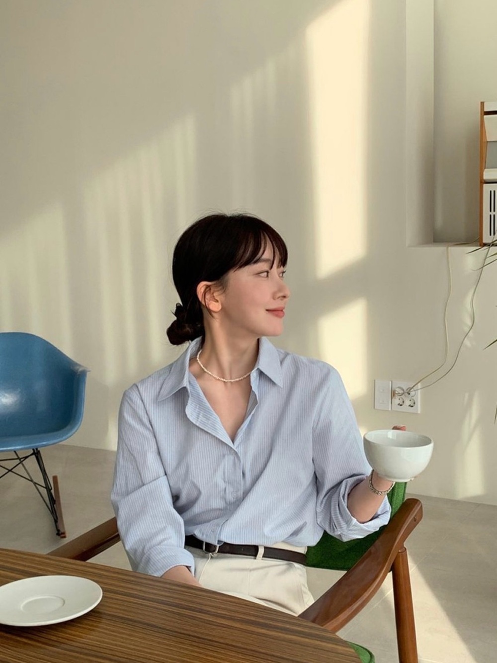 Korean Classic Light Blue Striped Button-Up Women's Shirt